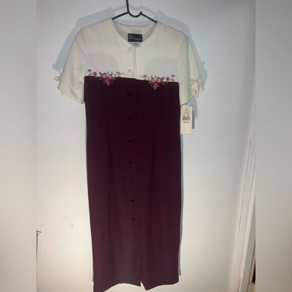 NWT SL Fashions Ivory & Wine Colorblock Midi Dress – Size 12 - Picture 1 of 7